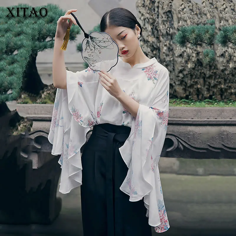 [XITAO] النساء 2019 الصيف جديد كوريا الأزياء حامل طوق كامل كم قميص فضفاض الإناث طباعة غير النظامية عارضة بلوزة WBB3654