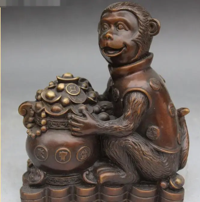 

free 8"Chinese Bronze Feng shui Wealth Monkey Treasure bowl Yuanbao Coin Animal Statue fast