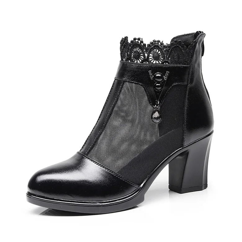 MVVJKE/женские ботинки; ботильоны из натуральной кожи; летние ботинки на шнуровке; Zapatos chaussures femme; женская обувь на высоком квадратном каблуке - Цвет: Черный