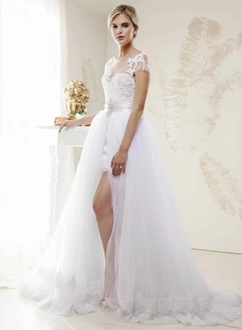 Short Tulle Lace Skirt Two 2 Piece Wedding Dresses with Detachable