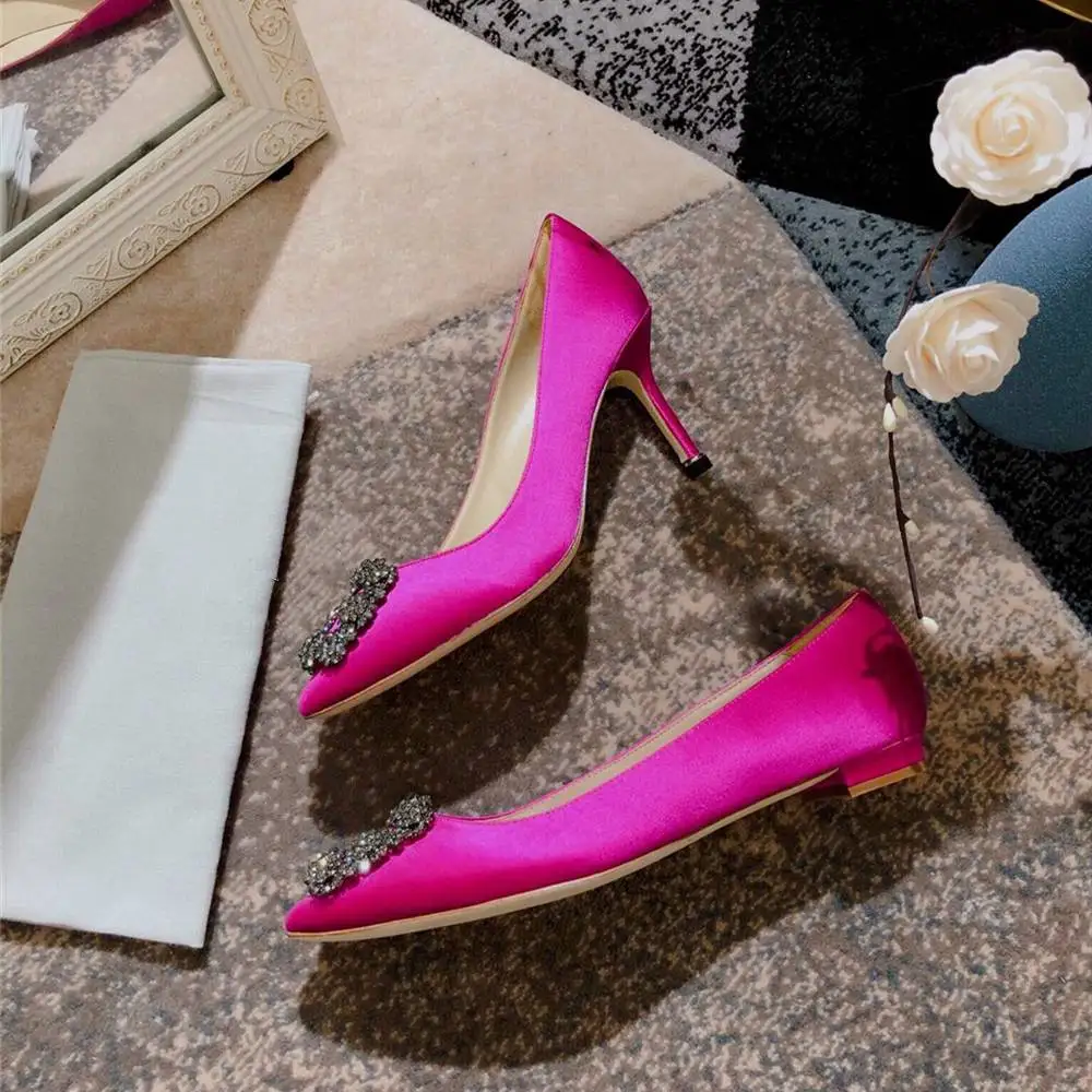 Chuezy/шелковые женские туфли-лодочки со стразами; элегантные пикантные женские туфли на высоком каблуке; женская обувь с острым носком; женские туфли-лодочки из экстремальной кожи - Цвет: Roes 7cm heels