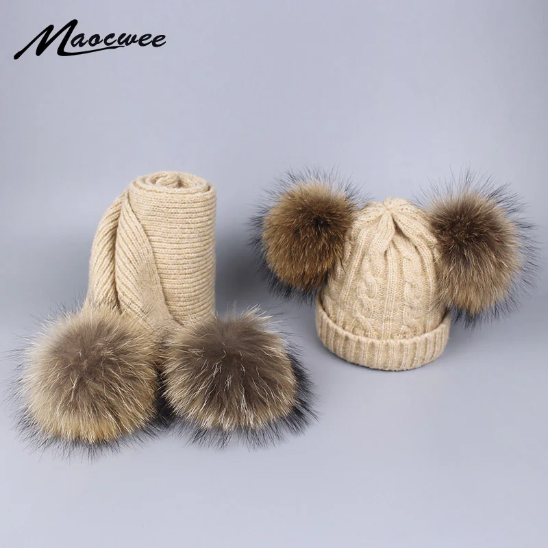 

Mother Kids Warm Knitted Hats Beanies Skullies Child Wool Caps Baby Pompon Winter Hat Scarf Sets Real Natural Fur Ball Caps