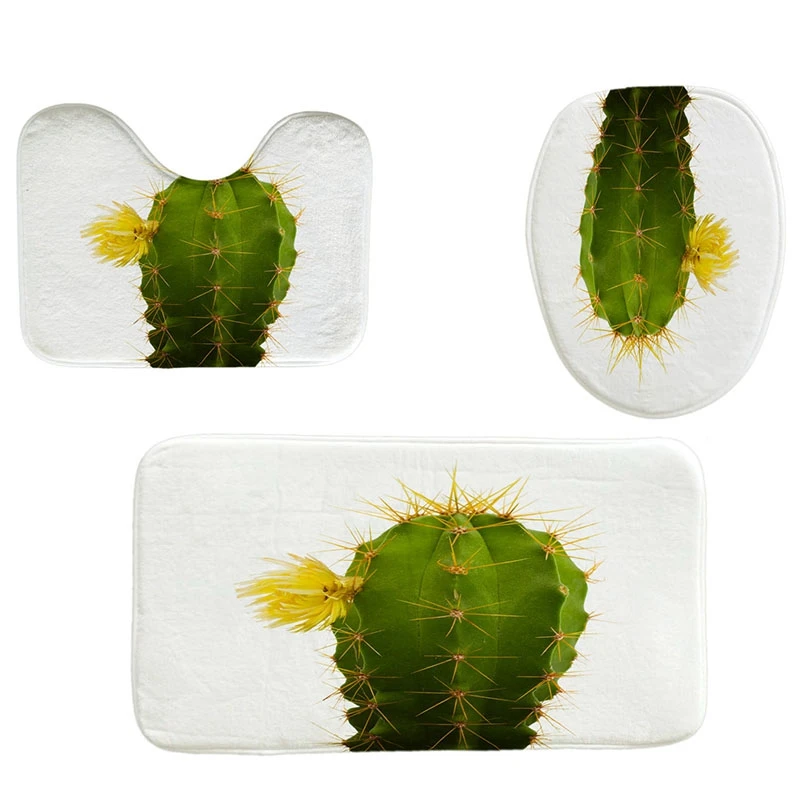 

4Pcs Home Bathroom Decor Set Cactus Pattern Toilet Seat Cover Bath Mat Set + Waterproof Shower Curtain