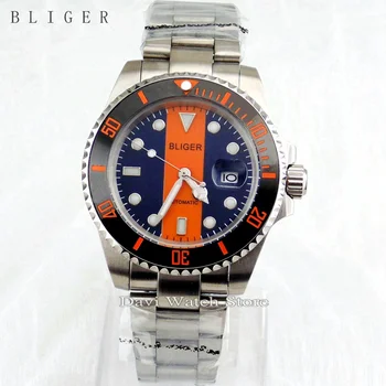 

Bliger 40mm sapphire crystal orange blue dial stainless steel case strap automatic movement watch