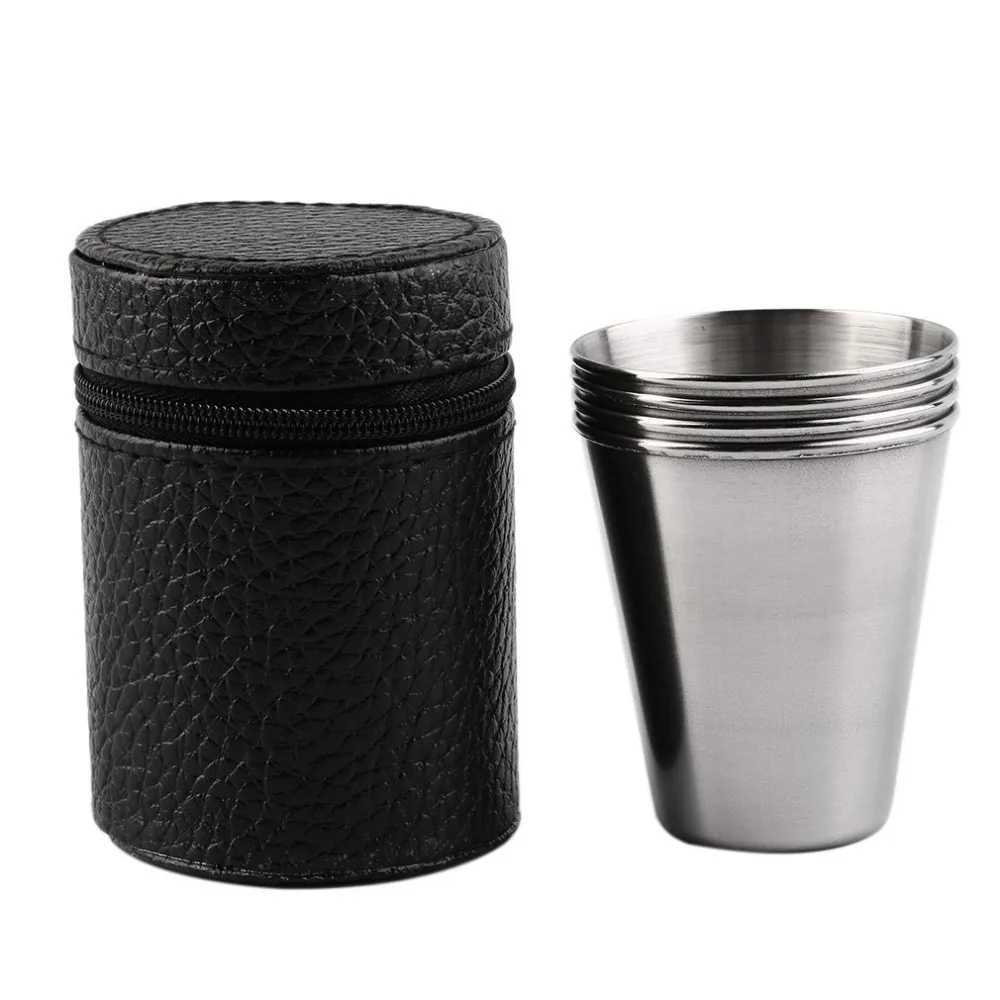 4PCS 70ml Beer Wine Stainless Steel Mini Outdoor Camping Cup Set+Cover Case fhgh 