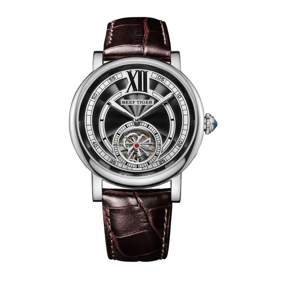 Reef Tiger/RT бренд Tourbillon часы мужские 316L сталь автоматические Аналоговые часы из натуральной кожи ремешок RGA192 - Цвет: RGA192-YBS