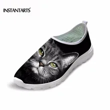 INSTANTARTS/Летняя женская обувь на плоской подошве из сетчатого материала удобная женская обувь без застежки дышащая женская пляжная обувь на плоской подошве с рисунком черного кота для девочек