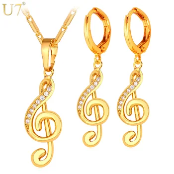 

U7 Gold Color Musical Jewelry Set For Women Gift AAA Cubic Zirconia Music Note Symbol Drop Earrings And Necklace Set S851