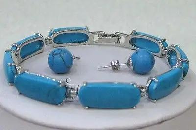 

Blue Turquoise Link Bracelet Earrings Set >*18K gold plated watch wholesale Quartz stone CZ crystal