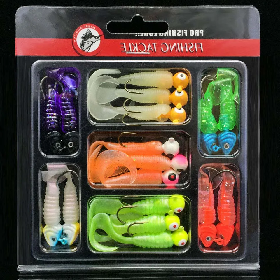 

Loogdeel 17PCS/Set Fishing Lure Lead head Jig Head Hooks Grub Worm Soft Baits Shads Silicone Fishing Tackle Set
