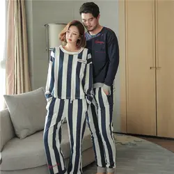 Пара пижамные комплекты в полоску Sexy Lover Пижама комплект мягкие домашние одежда из хлопка в полоску Топы + штаны M3