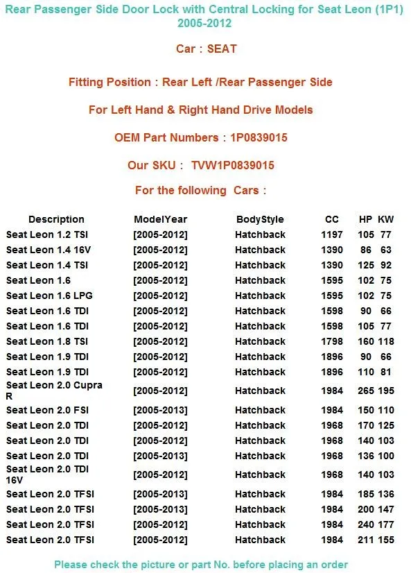 Только для Seat Leon II mk2 2005-2012 задний левый привод дверного замка 1P0 839 бадминтонных ракеток 015 1P0839015