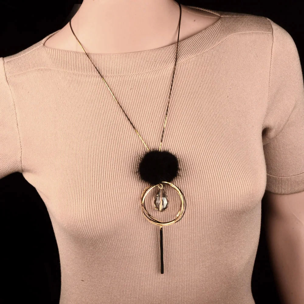 

SINLEERY Retro Women Multi Circle Mink Hair Fur Ball Pom Pom Pendant Long Necklace With Drop Crystal Costume Jewelry MY064 SSI