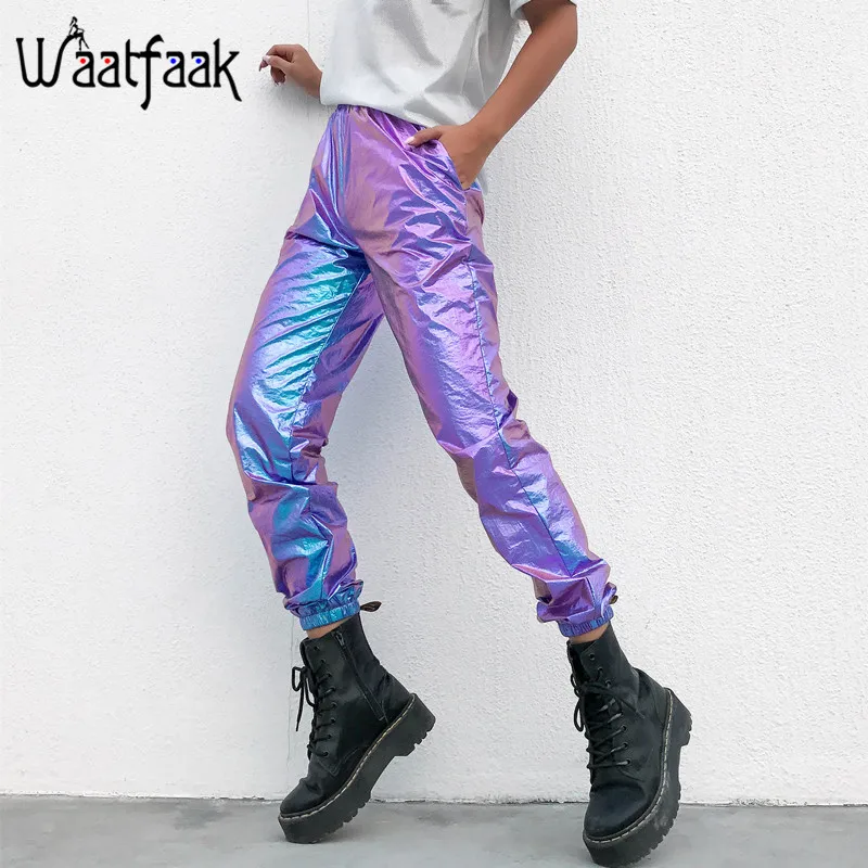Waatfaak Laser Reflective Hip Hop Pants Women High Waist Harem Pants Streetwear Purple Ankle-Length Trousers Female Capri 2019 Waatfaak Laser Reflective Hip Hop Pants Women High Waist Harem Pants Streetwear Purple Ankle-Length Trousers Female Capri 2019