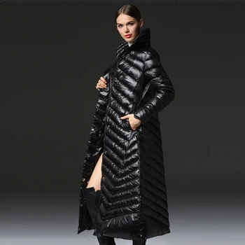 

New Women Winter Fashion Down Coats Extra Long Thick Warm Black Zipper Down Jackets 90% White Duck Down Coat Snow Wear AO112