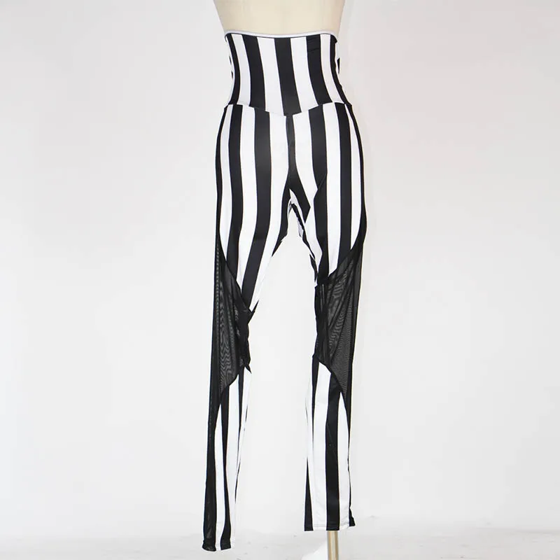 Women's Sexy Streetwear Leggings High Waist Striped Patchwork Mesh Pants