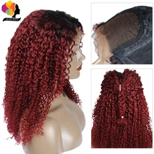 T1B 99J Красные кружевные человеческие волосы парики предварительно выщипанные 4*4 афро кудрявые закрытие парик Омбре Бургундия перуанские Remy человеческие волосы парики шнурка