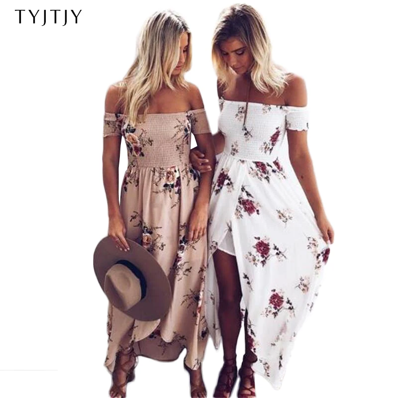 

Boho style long dress women Off shoulder beach summer dresses Floral print Vintage chiffon white maxi dress vestidos de festa
