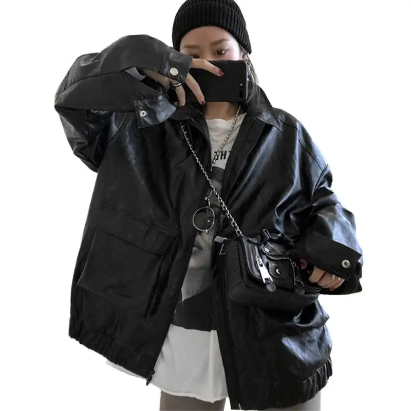 

Women 2019 Spring Autumn Simple Faux Leather Jackets Female Loose Casual Long Sleeve Coat Ladies Wild Motorcycle PU Jacket V998