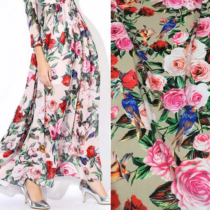 flower birds print silk chiffon fabric, soft chiffon thin fabric for