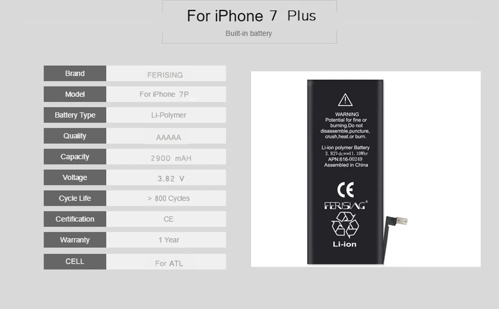 FERISING, аккумулятор для телефона iPhone X, 6 P, 6SP, 7 P, 8 P, емкость, батарея для ремонта, 0 циклов, сменные батареи, 6, 7, 8 PLus