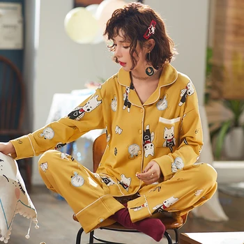 

BZEL Women's Pajamas Set Fashion Casual Homewear Long Sleeve Cartoon Household Turn-down Collar Pijama Feminino At All Seasons