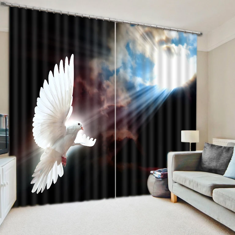 

Dark black silk fabric dove of peace photo print personalized blackout curtains