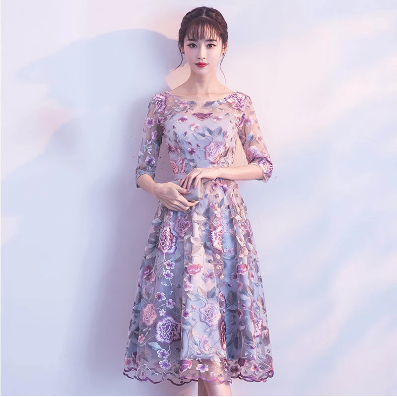 Womens O-Neck Embroidery Slim Dress Party Evening Long Cheongsam Marriage Gown Luxury Sexy Wedding Qipao Clothes Vestido XS-3XL