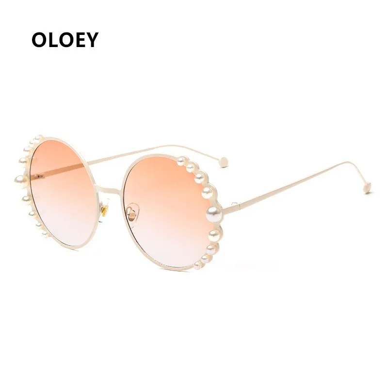 OLOEY новые женские солнцезащитные очки металлическая круглая рама отделка жемчугом модные большие ретро модные солнцезащитные очки пляжные солнцезащитные очки