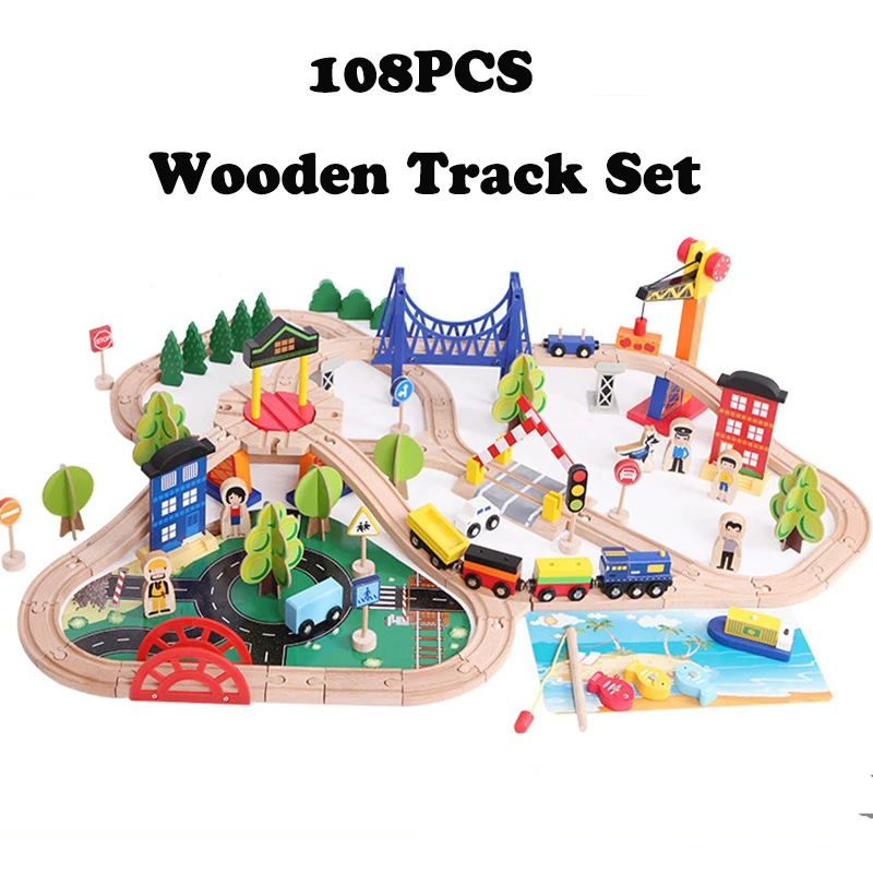 

108PCS Traffic Wooden Train Track Set Magnetic Car Model Slot Puzzles Wooden Railway Early Educational Toy For Children Friends
