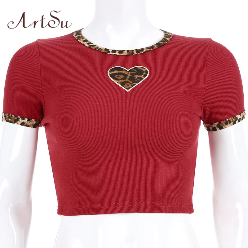 ArtSu Лоскутная леопардовая футболка друзей с коротким рукавом, укороченная женская футболка, летний сексуальный укороченный Топ Harajuku, топы ASTS20678 - Цвет: Красный