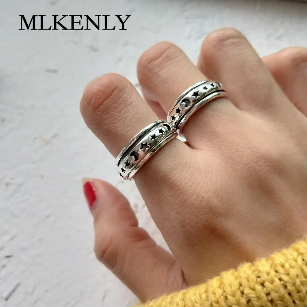 

MLKENLY 925 sterling silver Ring Simple and versatile retro star and moon rotating Ring for women charms fine silver jewelry