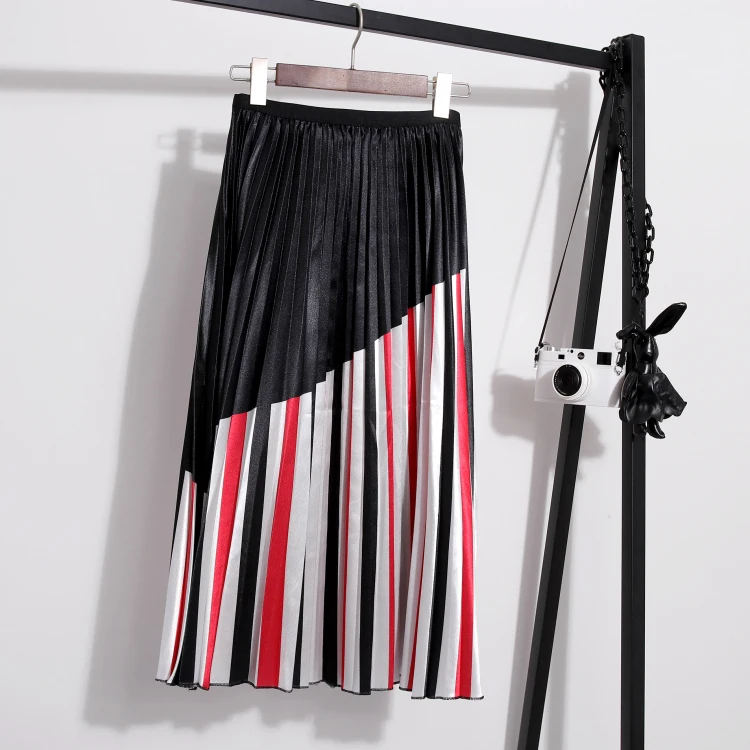 Женская эластичная юбка миди с высокой талией, Женская юбка трапециевидной формы, модная уличная юбка, женские юбки, летняя и осенняя длинная Плиссированная юбка