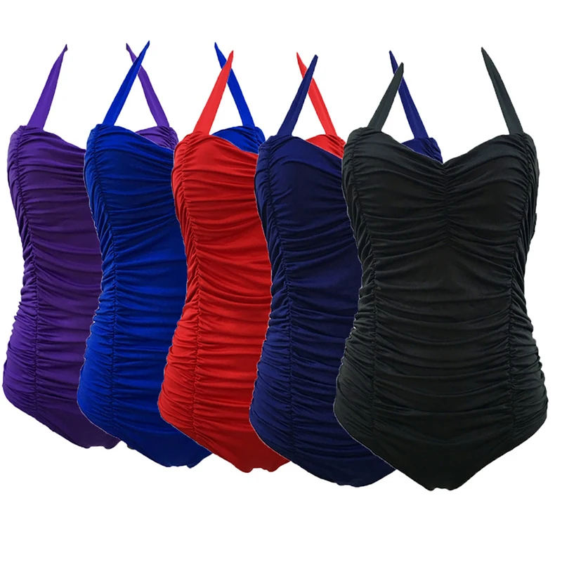 

KLV One Piece Swimsuit Women Plus Size Swimwear Solid Beach Bodysuits Vintage Retro Fold Bathing Suits Plain Gather Sling-P101