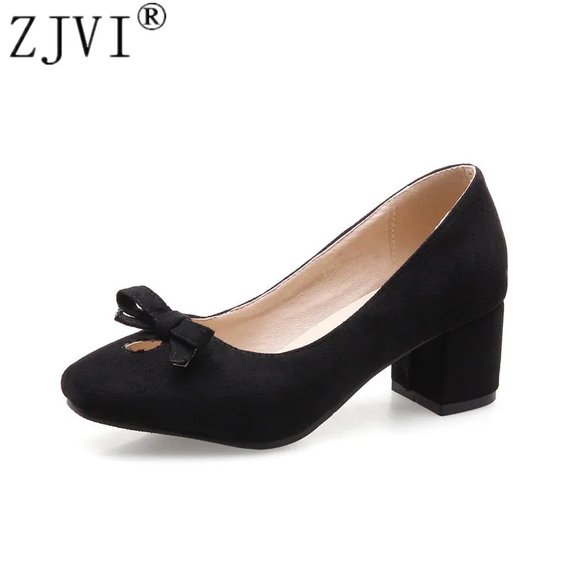 

ZJVI women square toe High heels pumps woman fashhion bowtie casual shoes 2019 summer ladies autumn nubuck suede womens pumps