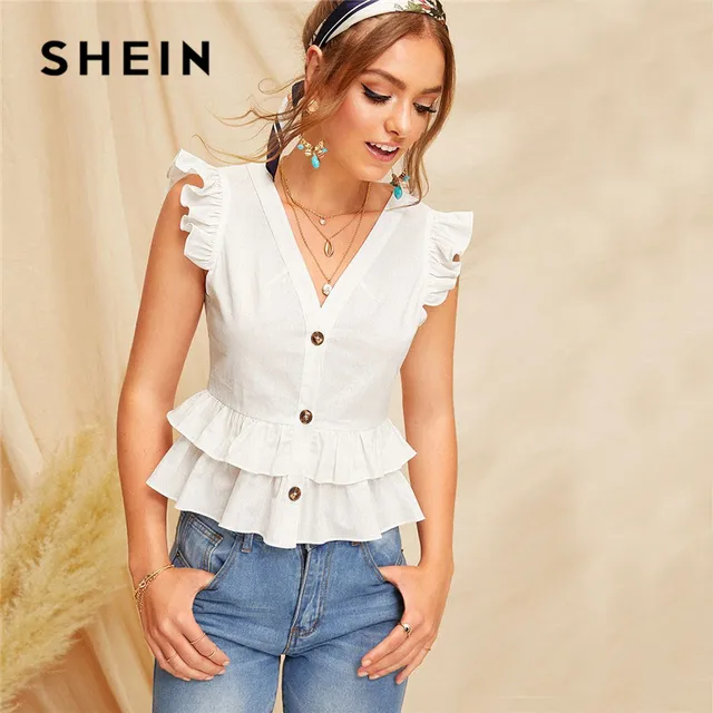 Download SHEIN Button Front Layered Ruffle Trim Sleeveless White ...
