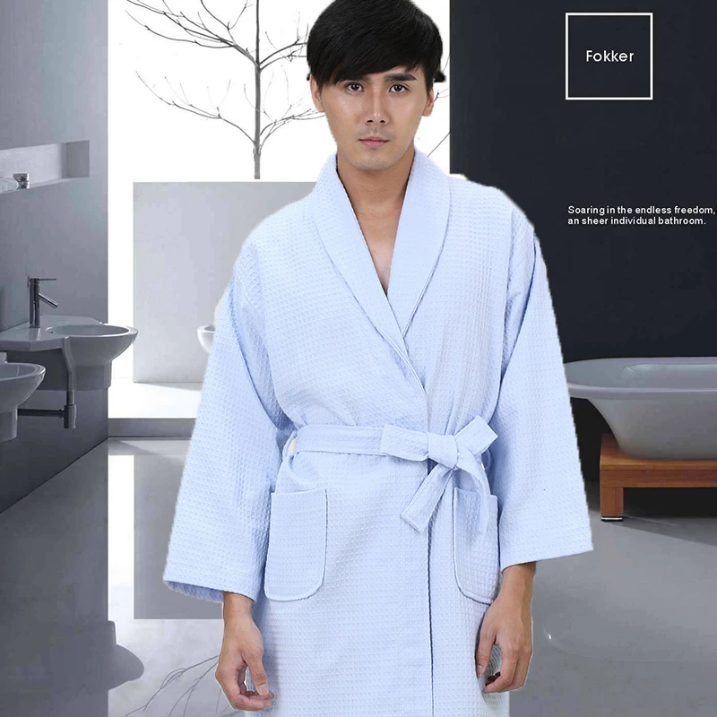 Вафельный 100% хлопок мужской банный халат кимоно халат с длинным рукавом пот испаряется пары банные халаты отель спа пеньюары домашний