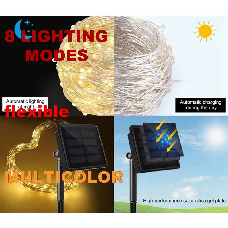 

8 modes multicolor Solar String Lights 20M 200 LED Wire String Fairy Lights Waterproof For Christmas Holiday Square Garden Deco