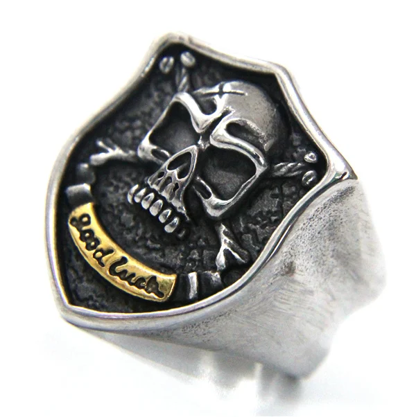 

2017 Cool GOOD LUCK Ring With Golden Flower 316L Stainless Steel Mens Women Shield Skull Ring