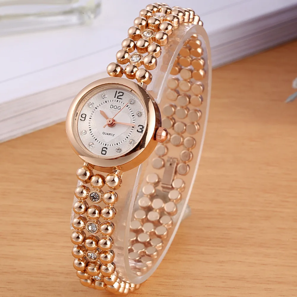 

New Women's Watches Luxury Brand DQG Crystal Beads Bracelet Ladies Wrist Watch Women Dress Rosy Gold Quartz Watches Hot Clock