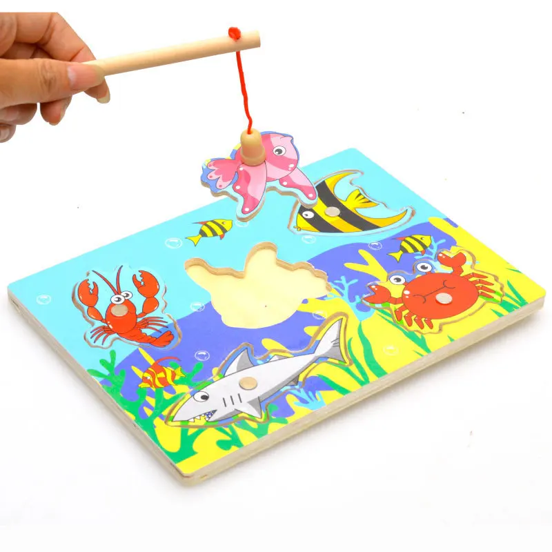 Educational toys for children 1-3 years old baby small wooden magnetic fishing toys Wooden Magnetic Jigsaw Puzzle Board Toys