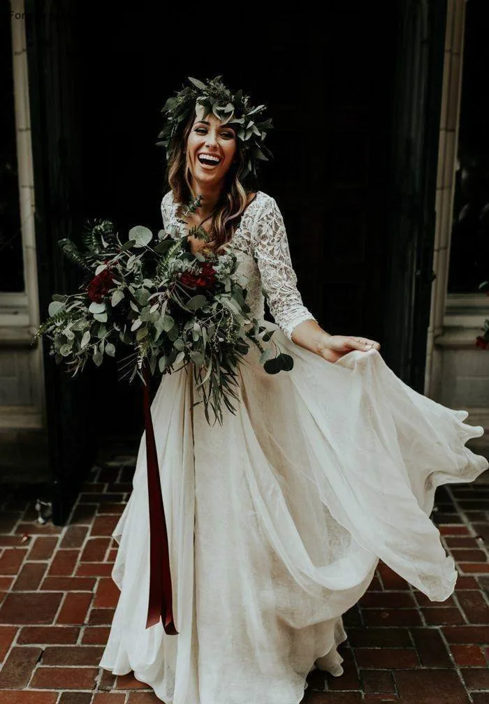 Simple Long Sleeve A-Line Two Pieces Beach Country Wedding Dresses 2018 Chiffon Ruffles Lace Top Boho Custom Made Bohemian Bridal Gowns  129 (7)