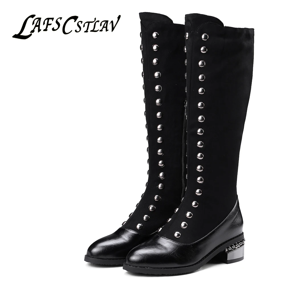 

LAFS CSTLAV Beautiful Rivet Motorcycle Boots for Women Rivet Zipper Comfortable Mid Calf Med Heel Combat Boot Woman Shoe Lady