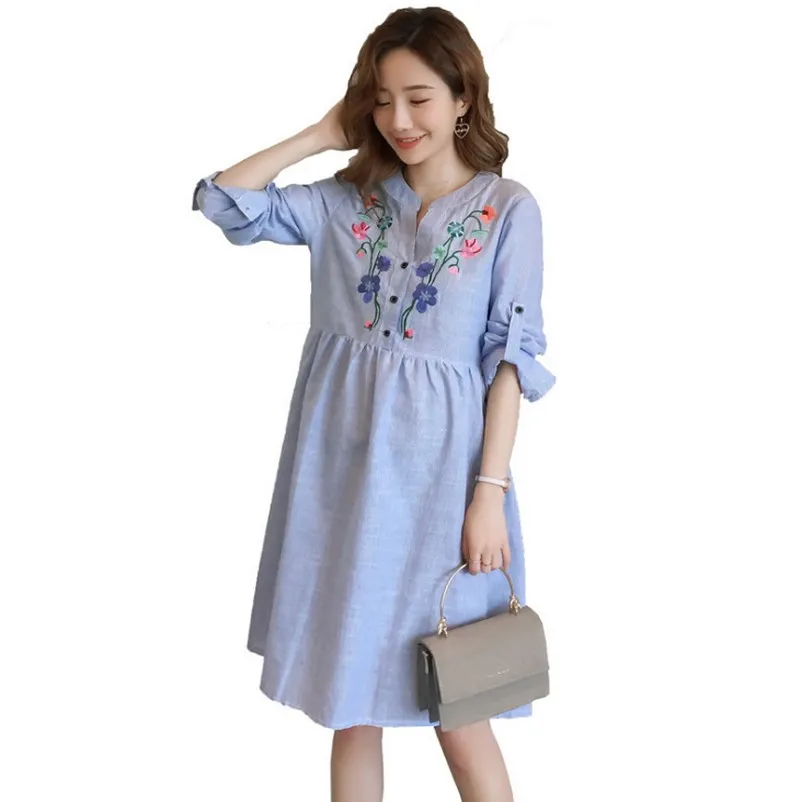 

Cotton Maternity Dress Spring Autumn Long sleeve Dress Embroidery Shirt Maternity Gown Summer Gravida Clothes For Pregnant Women