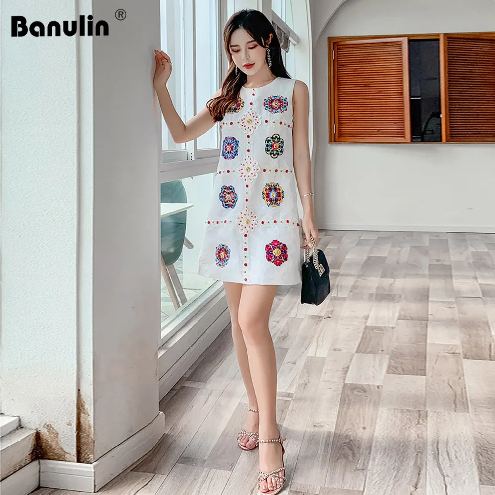 

Banulin High Quality 2019 Spring&Summer Luxurious Dress Newest Diamonds Stereo flower Casual Eleghant Dress Women Vestido
