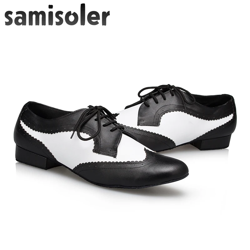 Samisoler/черно белые мужские черные кожаные Бальные танцевальные туфли на плоской