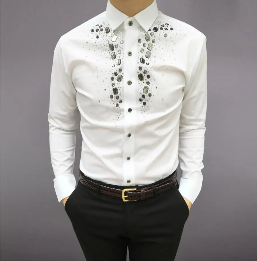 Бренд, модные повседневные мужские рубашки, деловые, приталенные, черный и белый цвет, набор шнека, светская рубашка для мужчин, певец, сценические мужские рубашки - Цвет: Белый