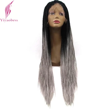 

Yiyaobess Long Micro Braided Lace Front Wig Synthetic Hair Two Tone Glueless Black Grey Blue Red Purple Ombre Wigs For Women