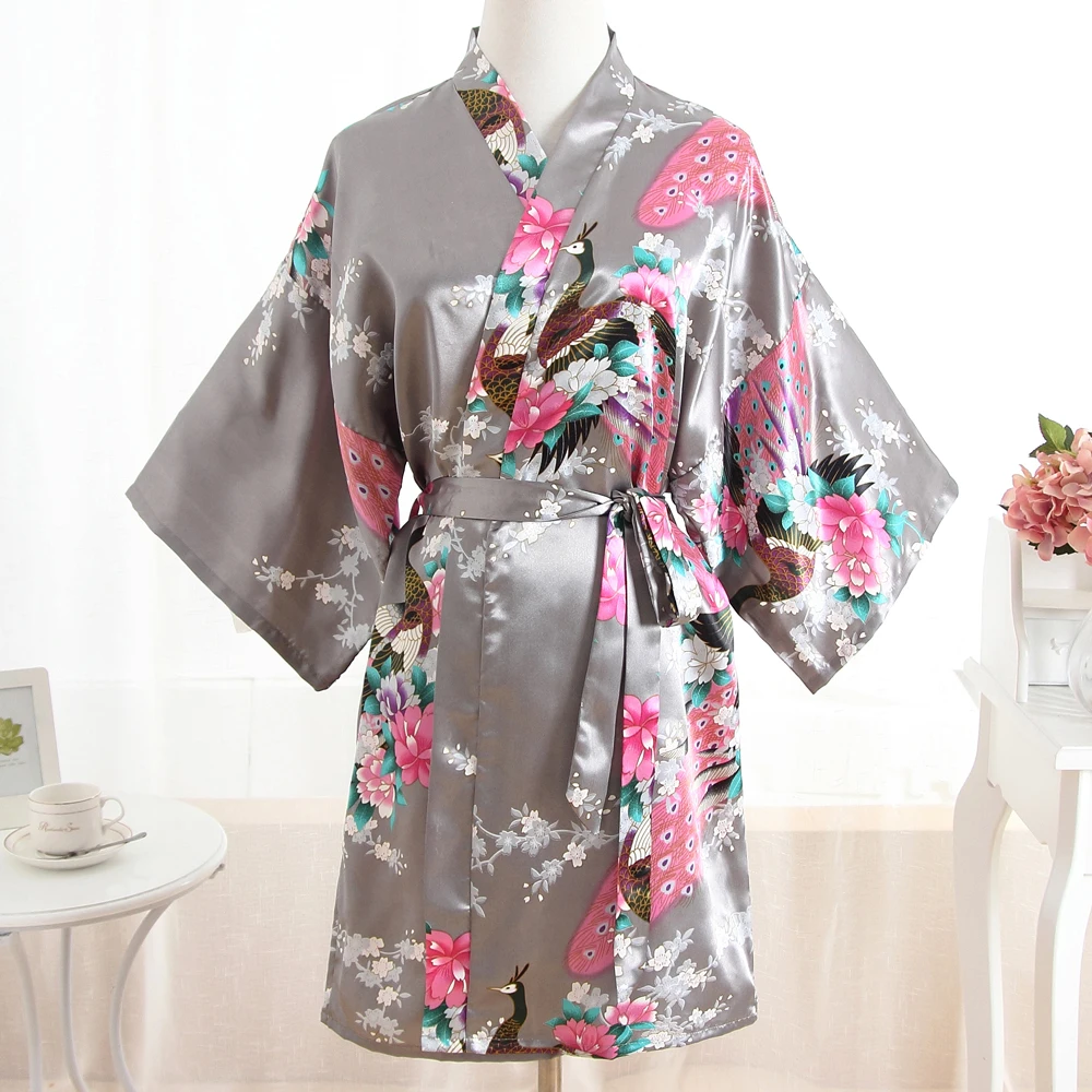 Для женщин атласный ночной рубашке кимоно Новый Серый халат Цветочный пижамы свадебные туфли невесты сексуальное платье плюс Размеры