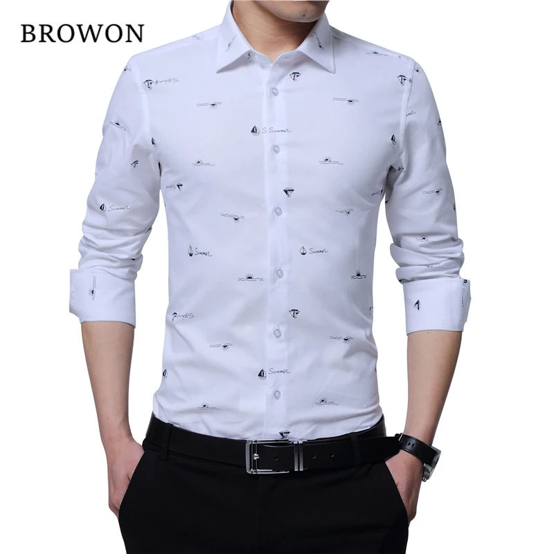 BROWON أربعة موسم جديد وصول 100% القطن الرجال طباعة قميص طويل الأكمام قارب طباعة الرسمي مصمم قميص تربيع طوق الرجال القماش